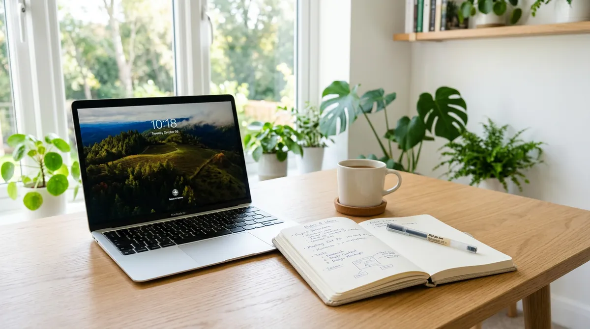 Laptop i notatnik na jasnym biurku — nauka zdalna o ubezpieczeniach