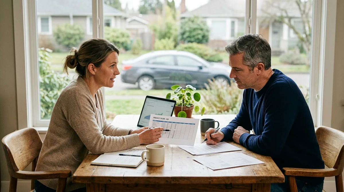 Rozmowa przy stole w domu z widokiem na ulicę — planowanie po przeprowadzce